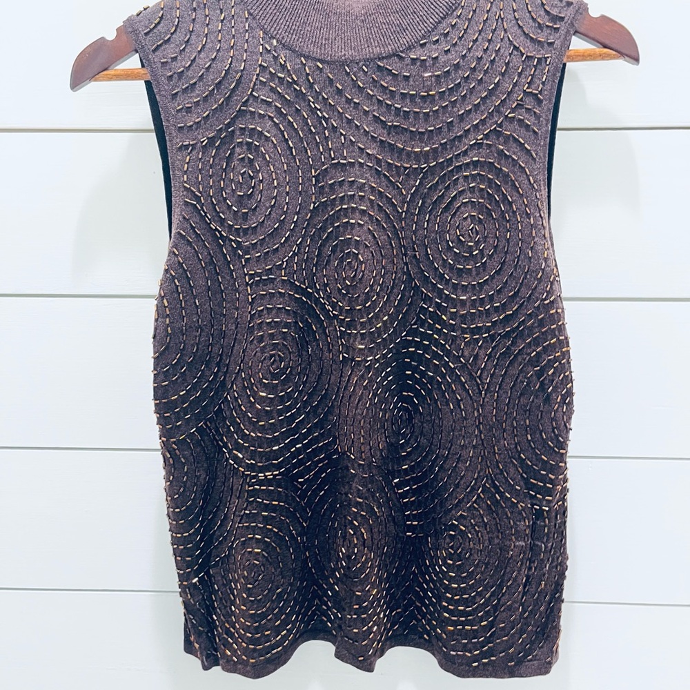 Cable & Gauge Brown Tank Top with Gold Beaded Accents